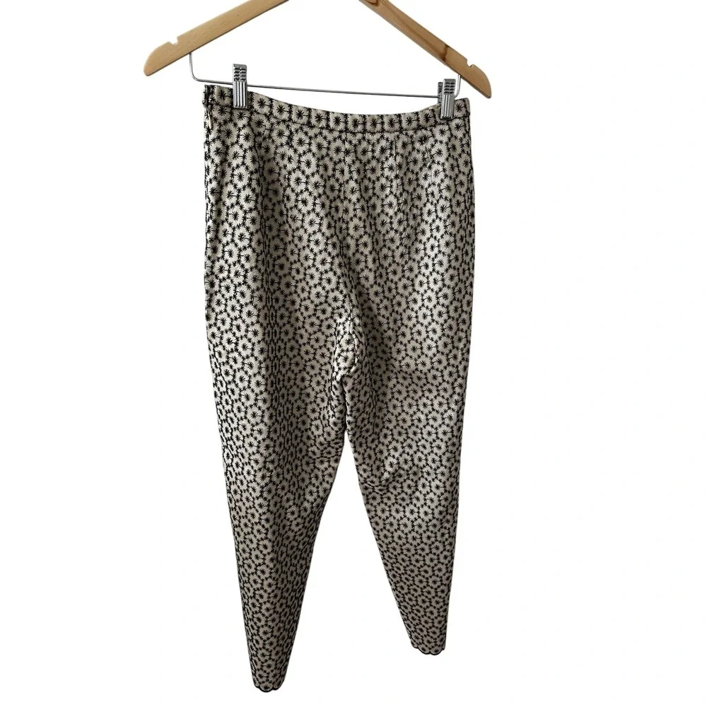 Due Per Due 100% Silk Embroidered Tapered Pants Cream Black Floral Womens‎ 6P